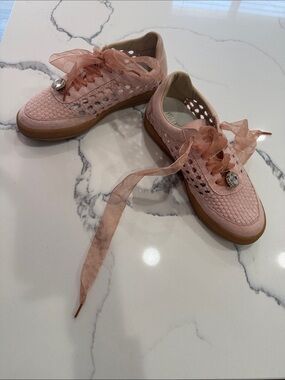 Miracle Miles Blush Pink Suede Woven Sneakers with Organza Ribbon Laces